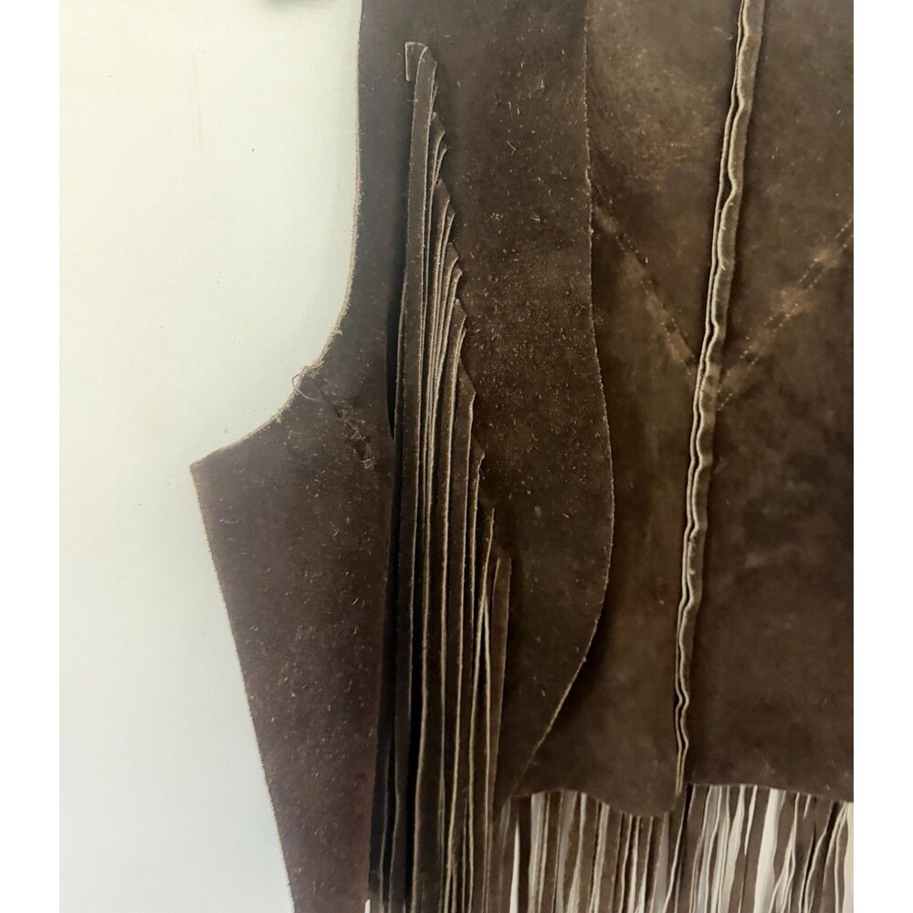 1960s 1970s Vintage Brown Suede Leather Fringe Vest Western Women's Mended Sz Lg - Picture 2 of 12